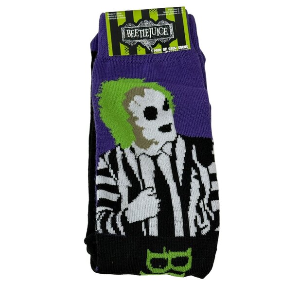 Spooky Striped Character Socks Mens 6–12 Black Purple Green Novelty Crew NWT - Picture 1 of 5